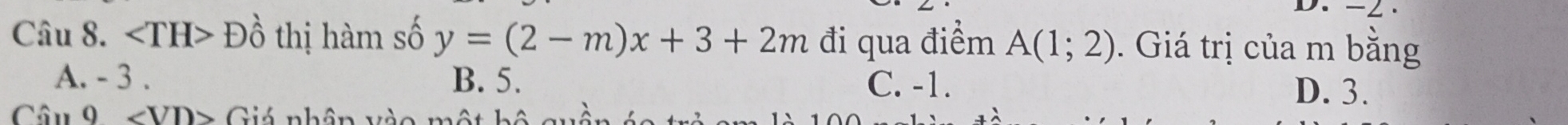 -2.
Câu 8. ∠ TH>Dhat o thị hàm số y=(2-m)x+3+2m đi qua điểm A(1;2). Giá trị của m bằng
A. - 3. B. 5. C. -1.
D. 3.
Câu 9 ∠ VD> Giá nhân và o m ộ