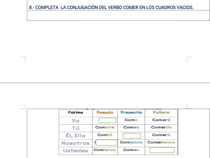 8.- COMPLETA LA CONJUGACIÓN DEL VERBO COMER EN LOS CUADROS VACIOS.