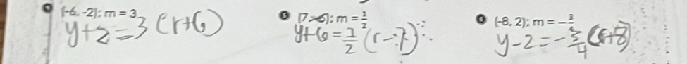 (-6,-2):m=3
(7* 6):m= 1/2 
0 (-8,2); m=- 3/4 