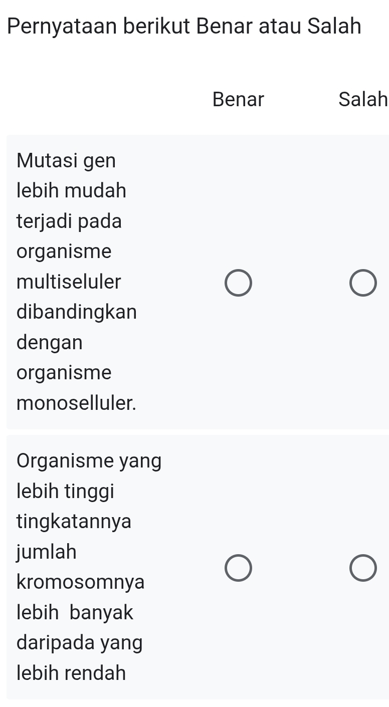 Pernyataan berikut Benar atau Salah
Benar Salah
Mutasi gen
lebih mudah
terjadi pada
organisme
multiseluler
dibandingkan
dengan
organisme
monoselluler.
Organisme yang
lebih tinggi
tingkatannya
jumlah
kromosomnya
lebih banyak
daripada yang
lebih rendah