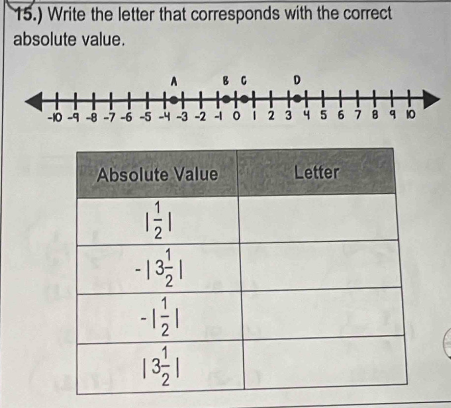 15.) Write the letter that corresponds with the correct
absolute value.