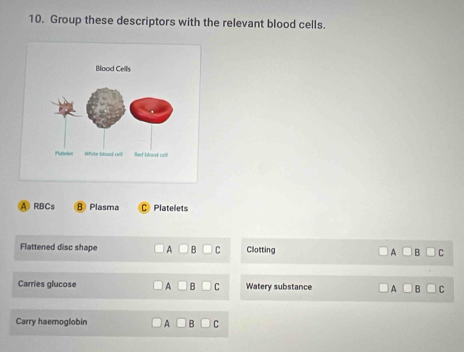 Group these descriptors with the relevant blood cells. 
A RBCs B Plasma C Platelets 
Flattened disc shape □ A□ B□ C Clotting □ A□ B□ C
Carries glucose □ A□ B□ C Watery substance □ A□ B□ C
Carry haemoglobin □ A□ B□ C