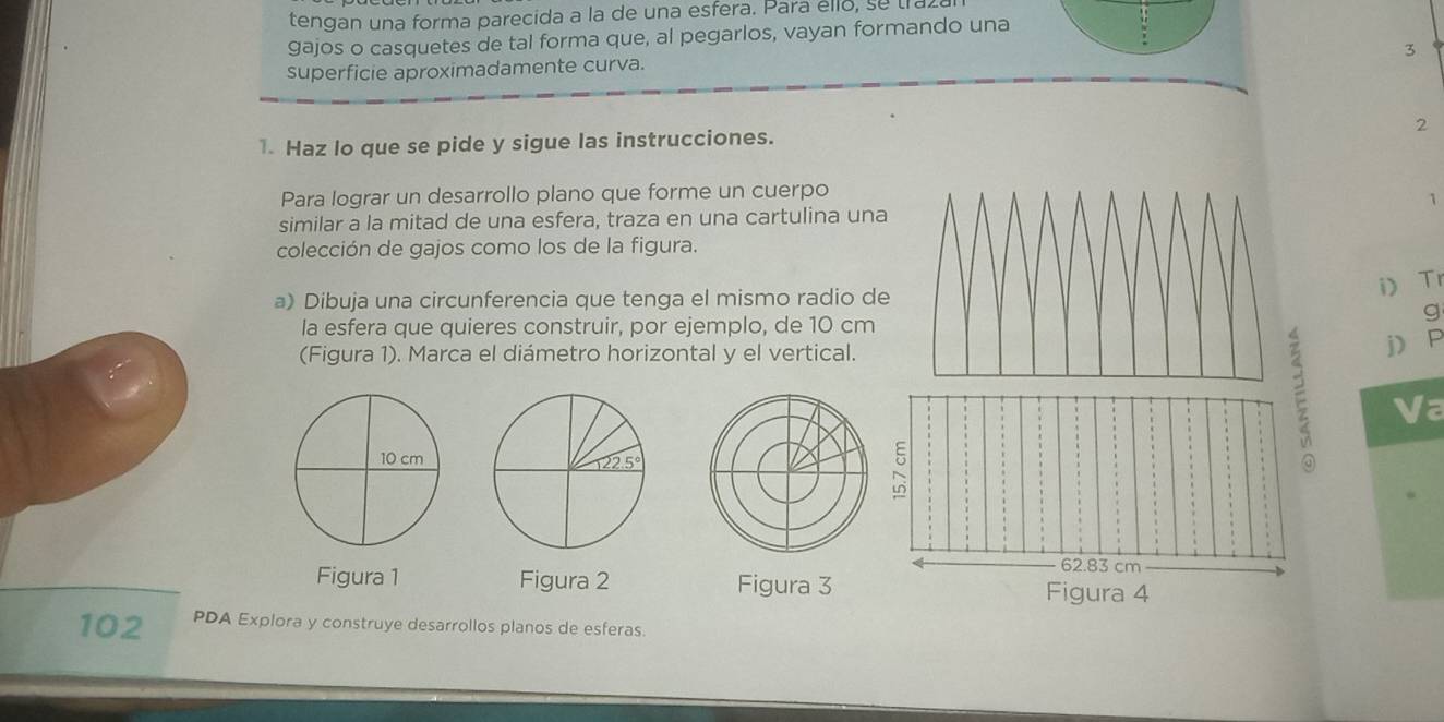 tengan una forma parecida a la de una esfera. Para éllo, se traz 
gajos o casquetes de tal forma que, al pegarlos, vayan formando una 
3 
superficie aproximadamente curva. 
1. Haz lo que se pide y sigue las instrucciones. 2 
Para lograr un desarrollo plano que forme un cuerpo 
1 
similar a la mitad de una esfera, traza en una cartulina una 
colección de gajos como los de la figura. 
a) Dibuja una circunferencia que tenga el mismo radio de 
i Tr 
g 
la esfera que quieres construir, por ejemplo, de 10 cm
(Figura 1). Marca el diámetro horizontal y el vertical. 
j P
E Va
62.83 cm
Figura 1 Figura 2 Figura 3 Figura 4 
102 PDA Explora y construye desarrollos planos de esferas.