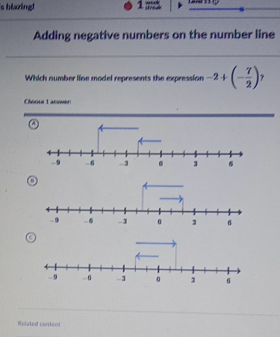 is blazingt 1 
Adding negative numbers on the number line 
Which number line model represents the expression -2+(- 7/2 ) ? 
Choose 1 answers 
Related contens