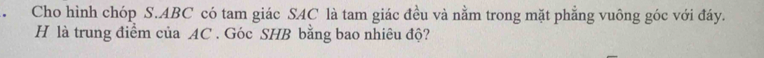 Cho hình chóp S. ABC có tam giác SAC là tam giác đều và nằm trong mặt phẳng vuông góc với đáy. 
H là trung điểm của AC. Góc SHB bằng bao nhiêu độ?