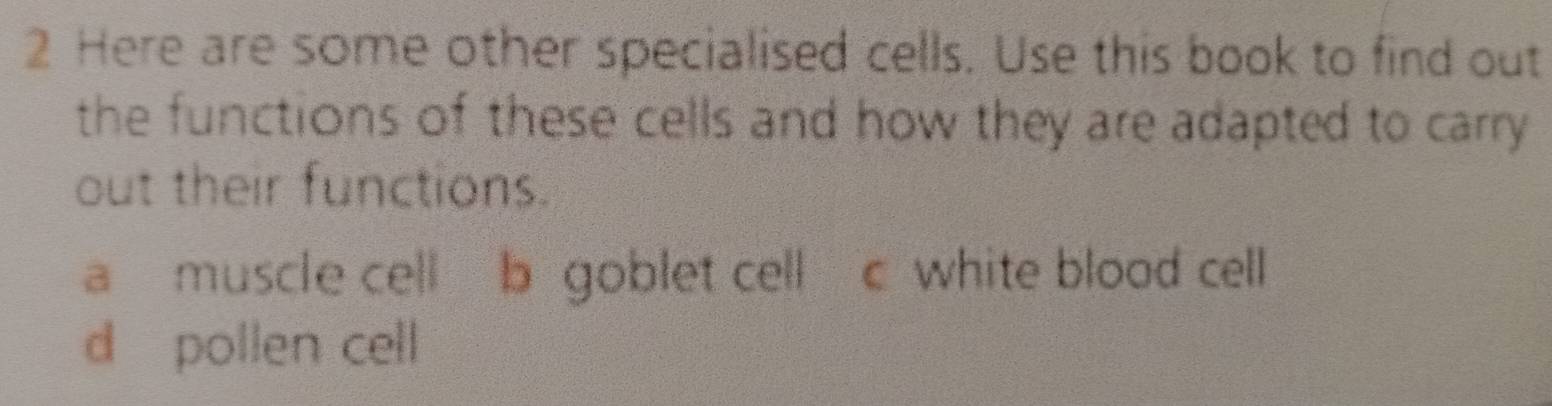 Here are some other specialised cells. Use this book to find out
the functions of these cells and how they are adapted to carry
out their functions.
a muscle cell b goblet cell c white blood cell
d pollen cell