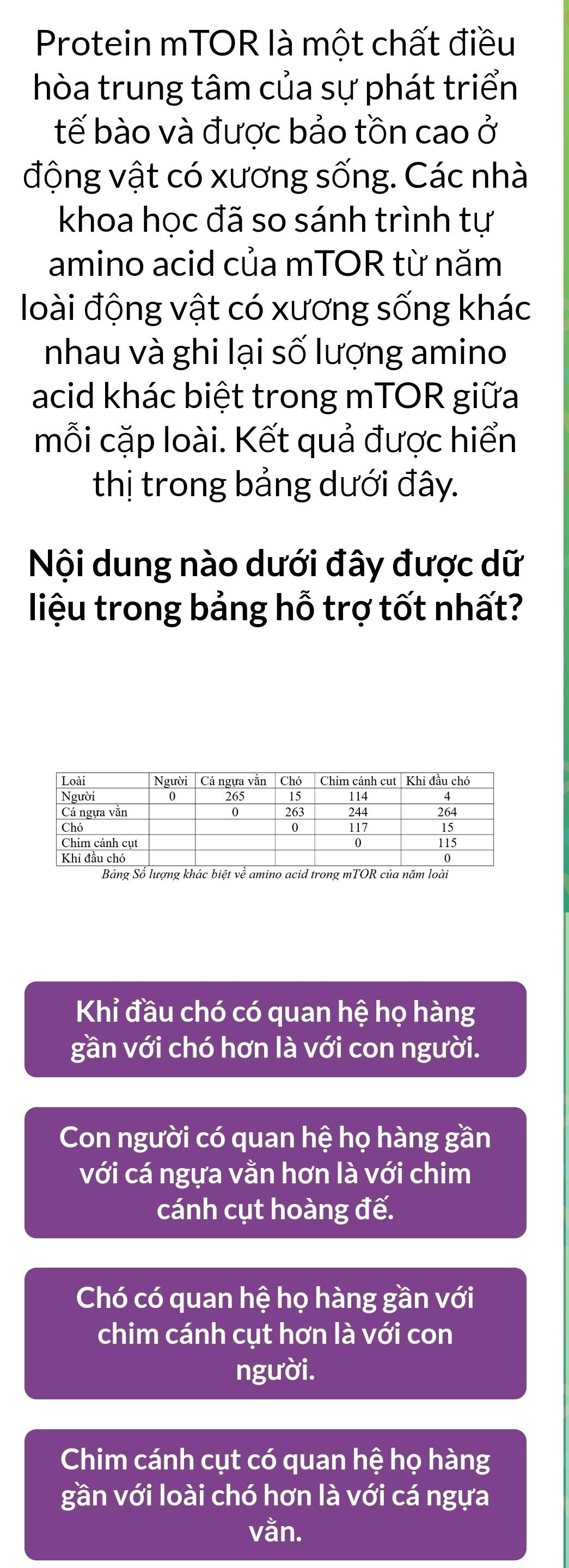 Protein mTOR là một chất điều
hòa trung tâm của sự phát triển
tế bào và được bảo tồn cao ở
động vật có xương sống. Các nhà
khoa học đã so sánh trình tự
amino acid của mTOR từ năm
loài động vật có xương sống khác
nhau và ghi lại số lượng amino
acid khác biệt trong mTOR giữa
mỗi cặp loài. Kết quả được hiển
thị trong bảng dưới đây.
Nội dung nào dưới đây được dữ
liệu trong bảng hỗ trợ tốt nhất?
Khỉ đầu chó có quan hệ họ hàng
gần với chó hơn là với con người.
Con người có quan hệ họ hàng gần
với cá ngựa vằn hơn là với chim
cánh cụt hoàng đế.
Chó có quan hệ họ hàng gần với
chim cánh cụt hơn là với con
người.
Chim cánh cụt có quan hệ họ hàng
gần với loài chó hơn là với cá ngựa
vằn.