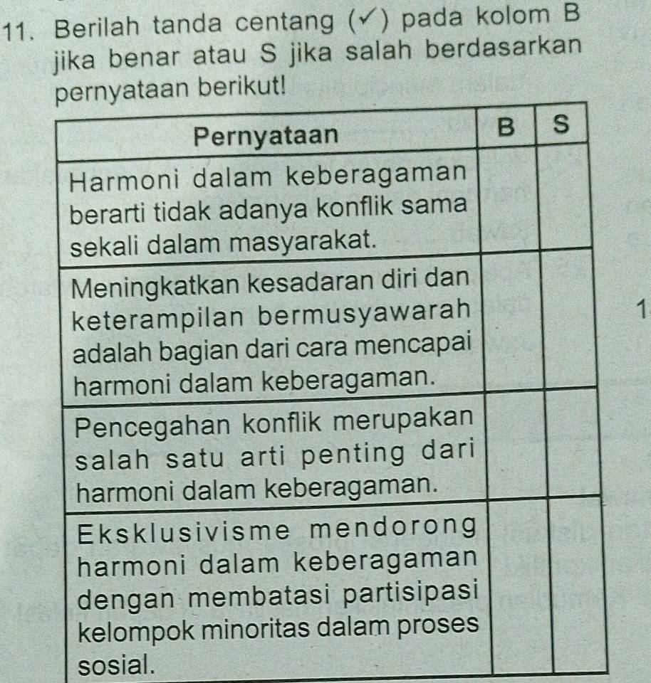 Berilah tanda centang (√) pada kolom B 
jika benar atau S jika salah berdasarkan 
kut! 
1 
sosial.