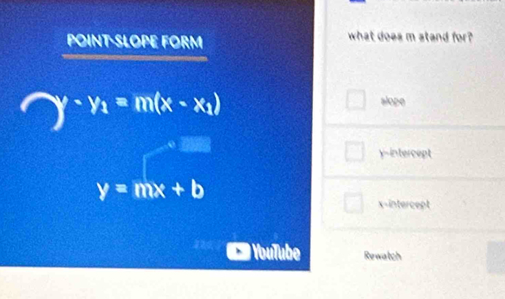 POINT-SLOPE FORM
what does m stand for?
y-y_1=m(x-x_1)
x_□ 
□ slope
y-intercept
y=mx+b
x-intercept
VouTube Rewatch