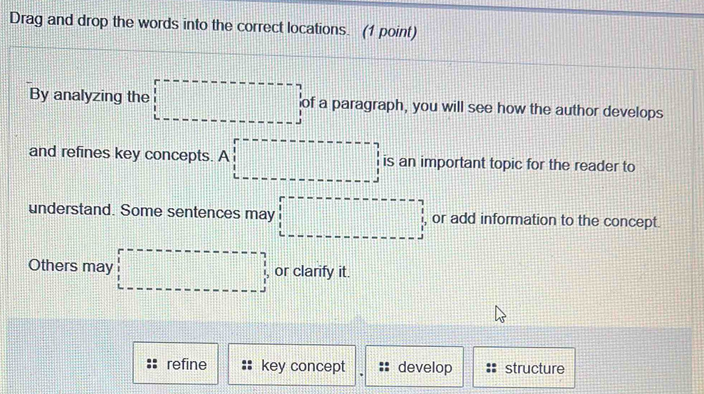 Drag and drop the words into the correct locations. (1 point)
By analyzing the □ of a paragraph, you will see how the author develops
and refines key concepts. A|□ is an important topic for the reader to
understand. Some sentences may □ or add information to the concept.
Others may □ or clarify it.
refine key concept develop structure