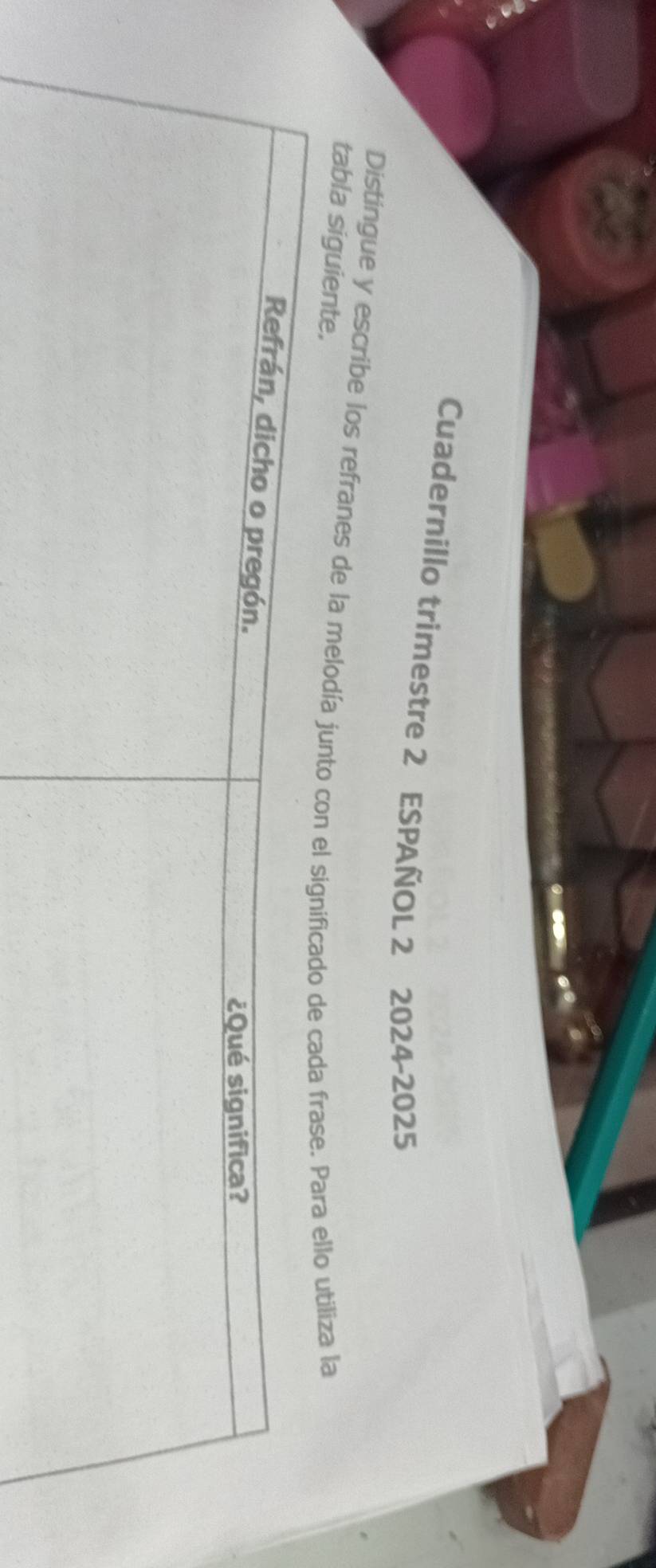 Cuadernillo trimestre 2 ESPAÑOL 2 2024-2025 
Distingue y escribe los refranes de la melodía junto clo utiliza la 
tabla siguiente.