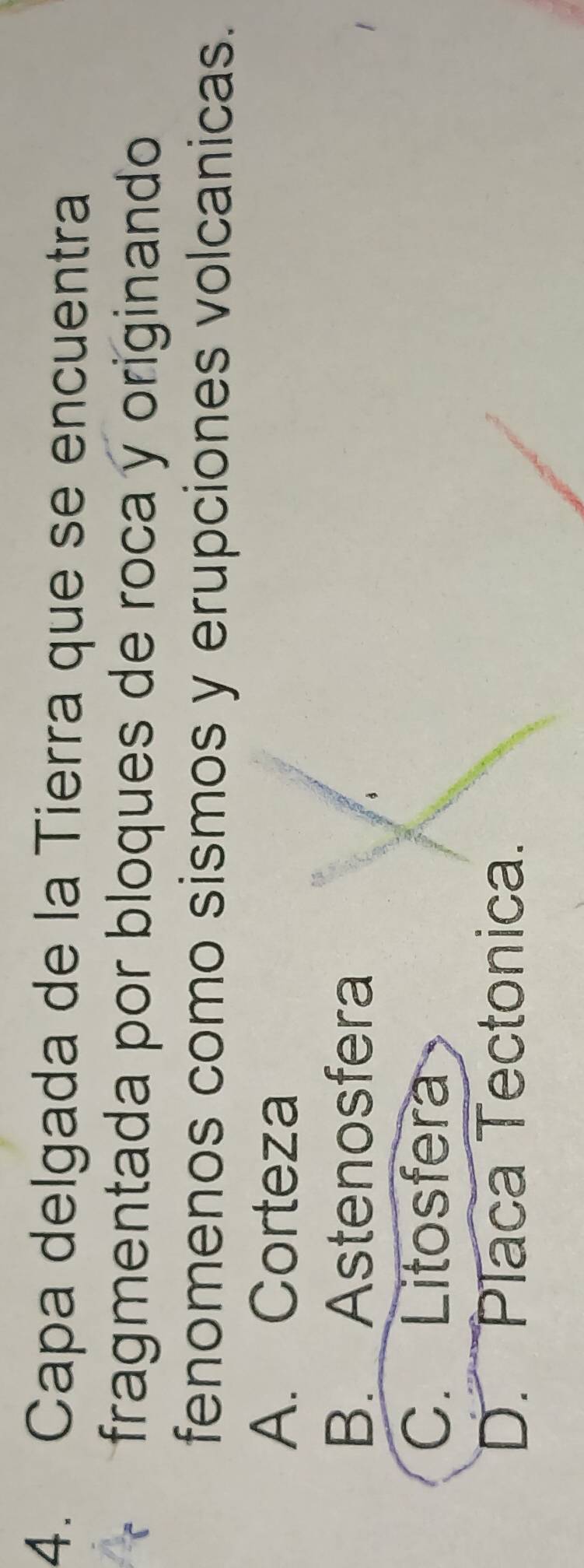 Capa delgada de la Tierra que se encuentra
fragmentada por bloques de roca y originando
fenomenos como sismos y erupciones volcanicas.
A. Corteza
B. Astenosfera
C. Litosfera
D. Placa Tectonica.