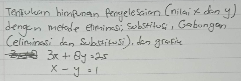 TenFuhan himpunan Pengelesaian Cnilaix dany)
dengon metade eliminesi, sobstitosi, Gabongan
Celiminasi dan Sobstifosi), don grefiu
3x+8y=25
x-y=1