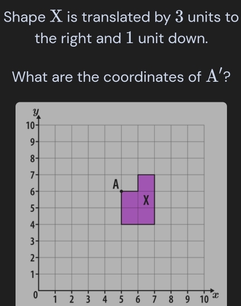 Shape X is translated by 3 units to 
the right and 1 unit down. 
What are the coordinates of A'?
1 2 3 4 5 6 1 8 9 10 x