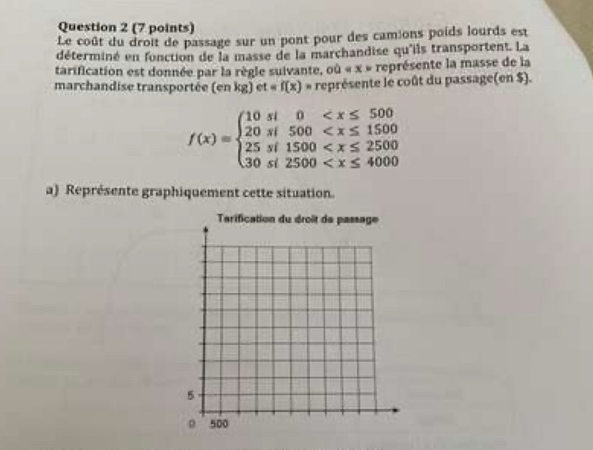 Le coût du droit de passage sur un pont pour des camions poids lourds est
déterminé en fonction de la masse de la marchandise qu'ils transportent. La
tarification est donnée par la règle suivante, où « x « représente la masse de la
marchandise transportée (enkg)et=f(x) B représente le coût du passage(en $).
f(x)=beginarrayl 10sif0
a) Représente graphiquement cette situation.