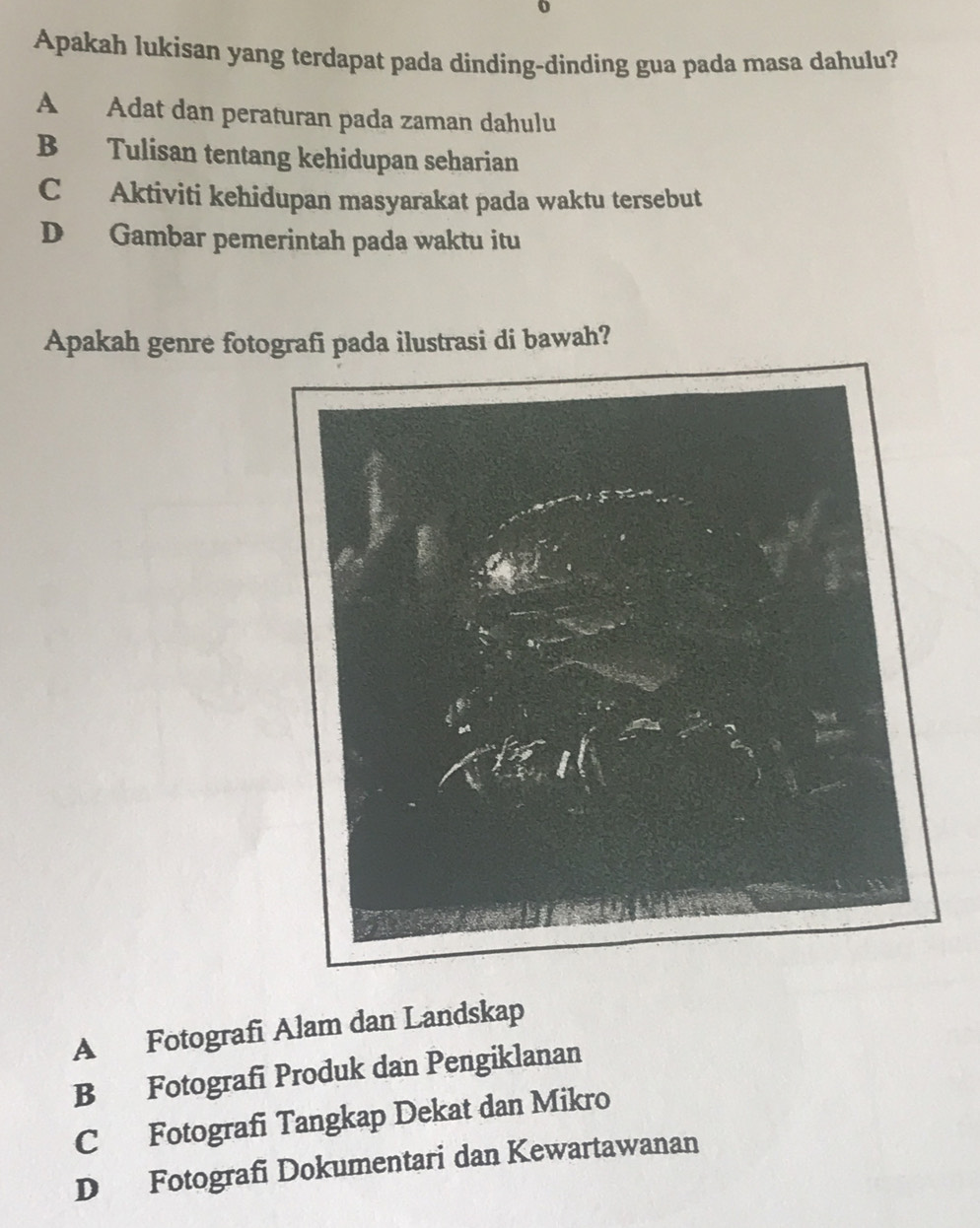 Apakah lukisan yang terdapat pada dinding-dinding gua pada masa dahulu?
A Adat dan peraturan pada zaman dahulu
B Tulisan tentang kehidupan seharian
C Aktiviti kehidupan masyarakat pada waktu tersebut
D Gambar pemerintah pada waktu itu
Apakah genre fotografi pada ilustrasi di bawah?
A Fotografi Alam dan Landskap
B Fotografi Produk dan Pengiklanan
C Fotografi Tangkap Dekat dan Mikro
D Fotografi Dokumentari dan Kewartawanan