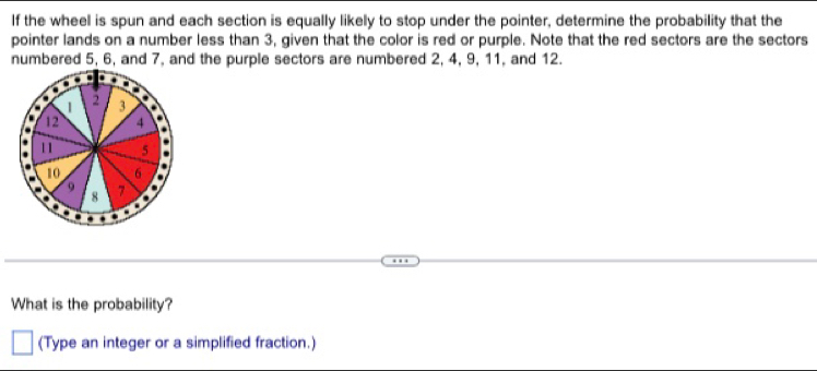 If the wheel is spun and each section is equally likely to stop under the pointer, determine the probability that the 
pointer lands on a number less than 3, given that the color is red or purple. Note that the red sectors are the sectors 
d the purple sectors are numbered 2, 4, 9, 11, and 12. 
What is the probability? 
(Type an integer or a simplified fraction.)