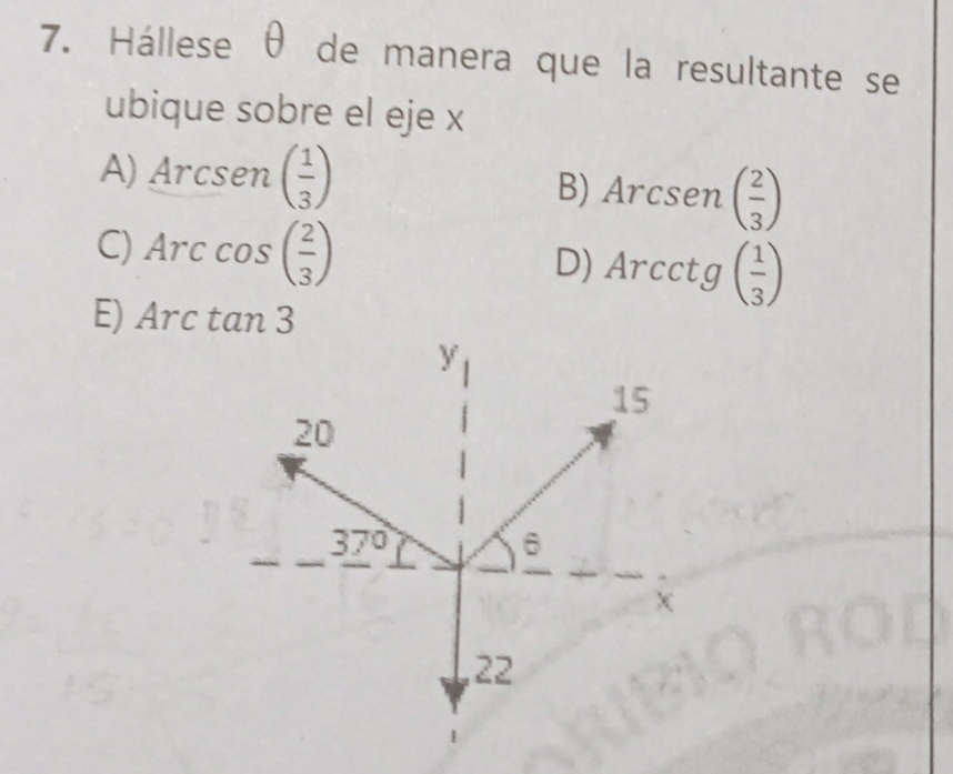 Hállese θ de manera que la resultante se
ubique sobre el eje x
A) Arcsen( 1/3 ) B) Arcsen( 2/3 )
C) Arccos ( 2/3 )
D) Arcctg ( 1/3 )
E) Arctan 3
y
15
20
37°
6
X
, 22