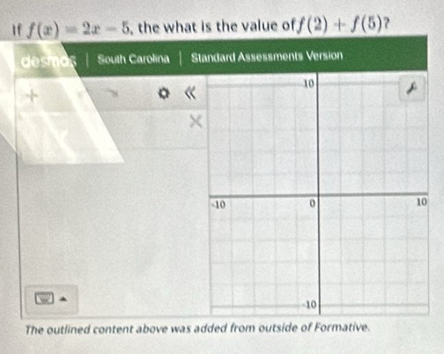 If f(x)=2x-5 , the what is the value of f(2)+f(5) ? 
desmos | South Carolina S 
+ 
Q 
The outlined content above was added from outside of Formative.