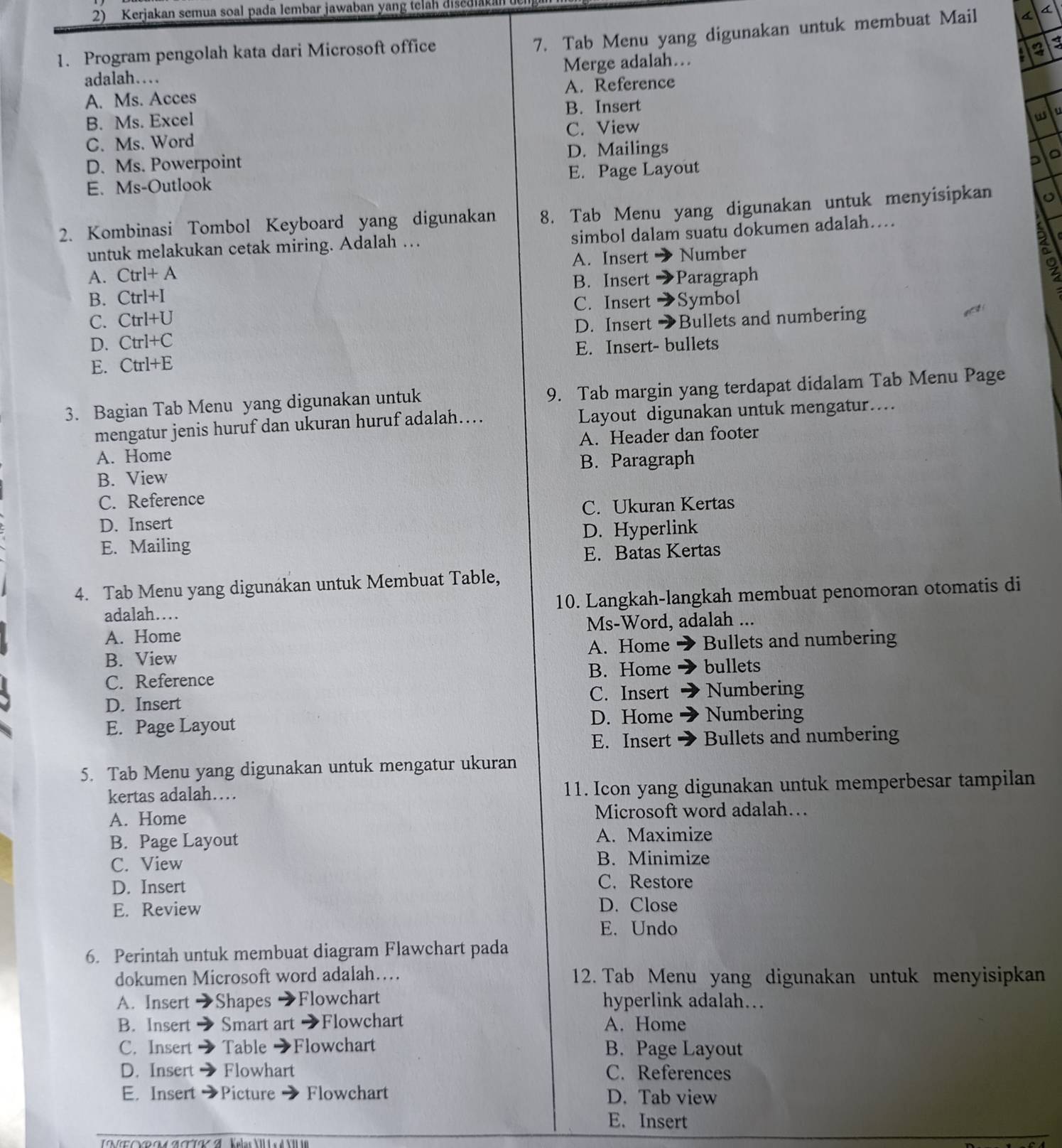 Kerjakan semua soal pada lembar jawaban yang telah disedia
7. Tab Menu yang digunakan untuk membuat Mail
1. Program pengolah kata dari Microsoft office a
Merge adalah…
adalah…
A. Ms. Acces A. Reference
B. Ms. Excel B. Insert
u
C. Ms. Word C. View
D. Ms. Powerpoint D. Mailings
。
E. Ms-Outlook E. Page Layout
2. Kombinasi Tombol Keyboard yang digunakan 8. Tab Menu yang digunakan untuk menyisipkan
simbol dalam suatu dokumen adalah….
untuk melakukan cetak miring. Adalah …
A. . Ctrl+A A. Insert Number
B. Insert Paragraph
B. Ctrl+1
C. Ctrl+U C. Insert Symbol
D. Insert Bullets and numbering
D. Ctrl+C
E. Ctrl+E E. Insert- bullets
3. Bagian Tab Menu yang digunakan untuk 9. Tab margin yang terdapat didalam Tab Menu Page
mengatur jenis huruf dan ukuran huruf adalah…. Layout digunakan untuk mengatur....
A. Home A. Header dan footer
B. View B. Paragraph
C. Reference
D. Insert C. Ukuran Kertas
E. Mailing D. Hyperlink
E. Batas Kertas
4. Tab Menu yang digunákan untuk Membuat Table,
adalah… 10. Langkah-langkah membuat penomoran otomatis di
A. Home Ms-Word, adalah ...
B. View A. Home Bullets and numbering
B. Home bullets
C. Reference
C. Insert
D. Insert Numbering
D. Home Numbering
E. Page Layout
E. Insert Bullets and numbering
5. Tab Menu yang digunakan untuk mengatur ukuran
kertas adalah… 11. Icon yang digunakan untuk memperbesar tampilan
A. Home Microsoft word adalah…
B. Page Layout A. Maximize
C. View B. Minimize
D. Insert C. Restore
E. Review D. Close
E. Undo
6. Perintah untuk membuat diagram Flawchart pada
dokumen Microsoft word adalah… 12. Tab Menu yang digunakan untuk menyisipkan
A. Insert Shapes Flowchart hyperlink adalah…..
B. Insert Smart art ➔Flowchart A. Home
C. Insert Table Flowchart B. Page Layout
D. Insert Flowhart C. References
E. Insert Picture Flowchart D. Tab view
E. Insert