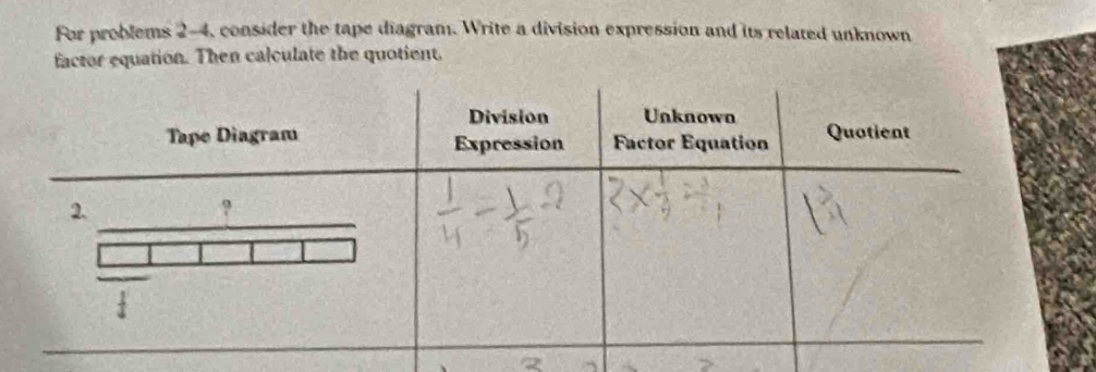 For problems 2-4, consider the tape diagram. Write a division expression and its related unknown 
factor equation. Then calculate the quotient.