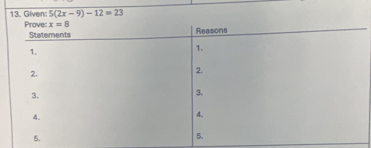 Given: 5(2x-9)-12=23