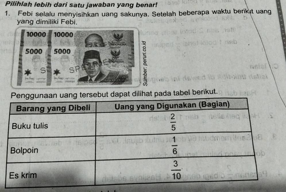 Pilihlah lebih dari satu jawaban yang benar!
1. Febi selalu menyisihkan uang sakunya. Setelah beberapa waktu berik t uang
yang dimiliki Febi.
10000 10000
5000 5000
S SPESIMET 8
dilihat pada tabel berikut.