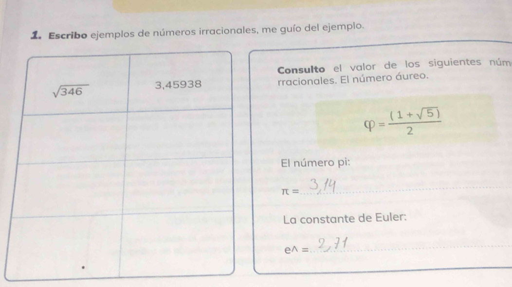 Escribo ejemplos de números irracionales, me guío del ejemplo.
Consulto el valor de los siguientes núm
rracionales. El número áureo.
varphi = ((1+sqrt(5)))/2 
El número pi:
π =
_
_
La constante de Euler:
e^(wedge)=
_