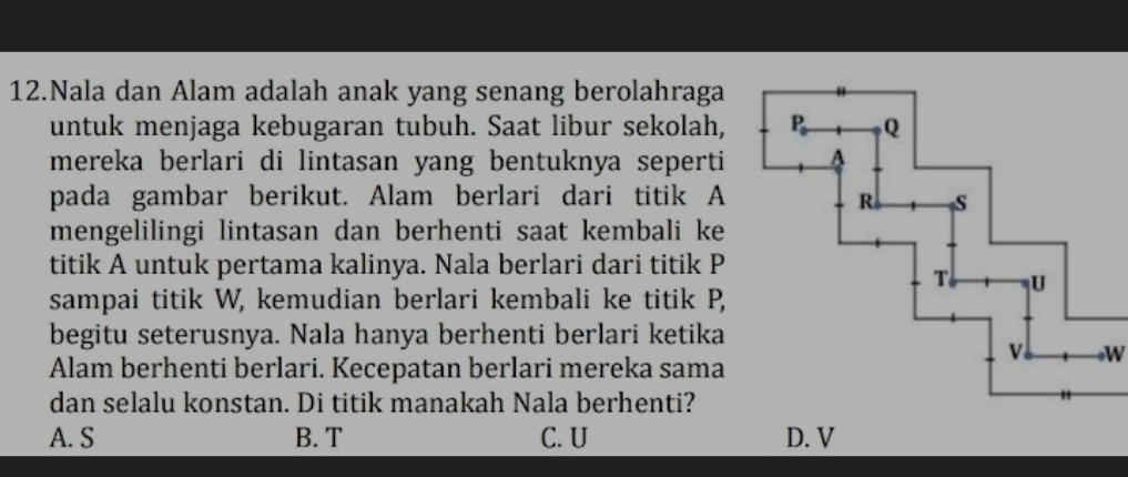 Nala dan Alam adalah anak yang senang berolahraga
untuk menjaga kebugaran tubuh. Saat libur sekolah,
mereka berlari di lintasan yang bentuknya seperti
pada gambar berikut. Alam berlari dari titik A
mengelilingi lintasan dan berhenti saat kembali ke
titik A untuk pertama kalinya. Nala berlari dari titik P
sampai titik W, kemudian berlari kembali ke titik P,
begitu seterusnya. Nala hanya berhenti berlari ketika
Alam berhenti berlari. Kecepatan berlari mereka sama
dan selalu konstan. Di titik manakah Nala berhenti?
A. S B. T C. U D. V