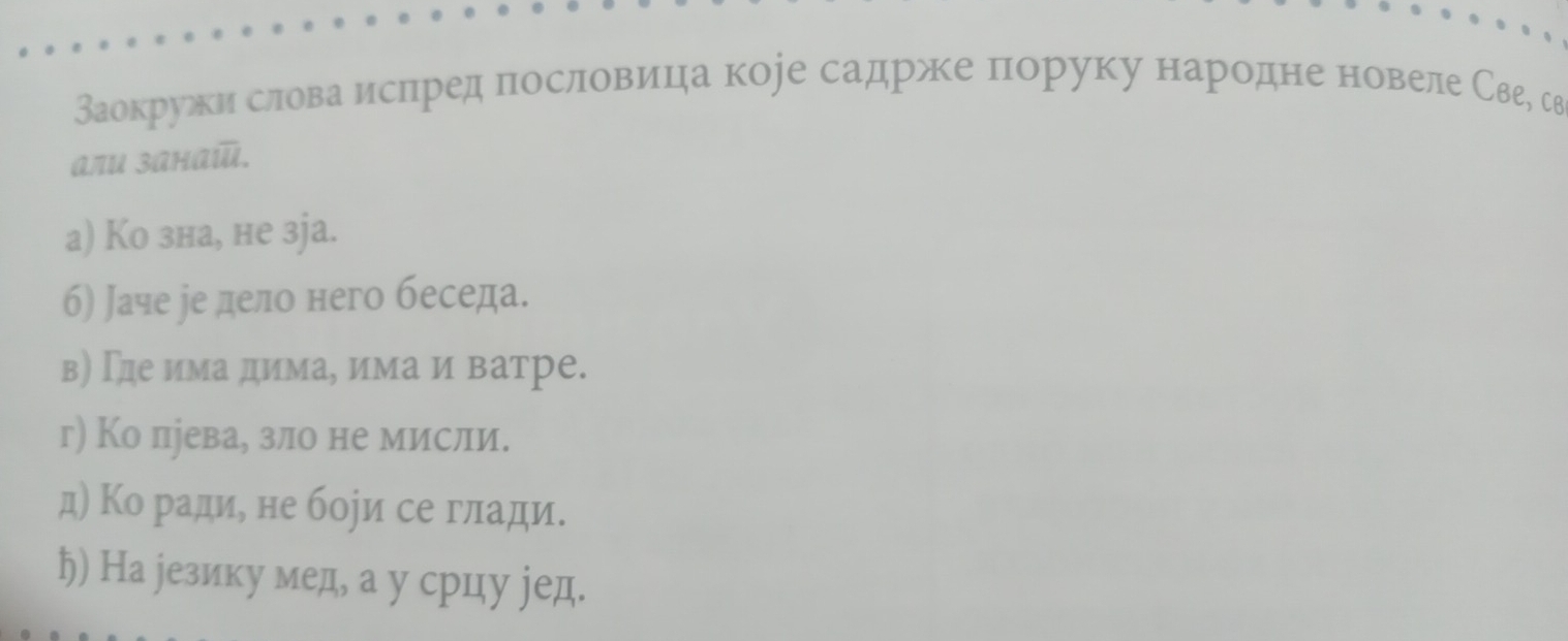 Ваокруίжкие словаδиеслред пословицηа коре садрже поруку народне новелеСвее св
Aли занаū.
a) Kо зна, нe зja.
б) Jаче ее дело него беседа.
в) Γле има дима, има и ватре.
г) Ко пjева, зло не мисли.
д) Ко радие не бори се глади.
ħ) На резику мед, а у срцу еед.