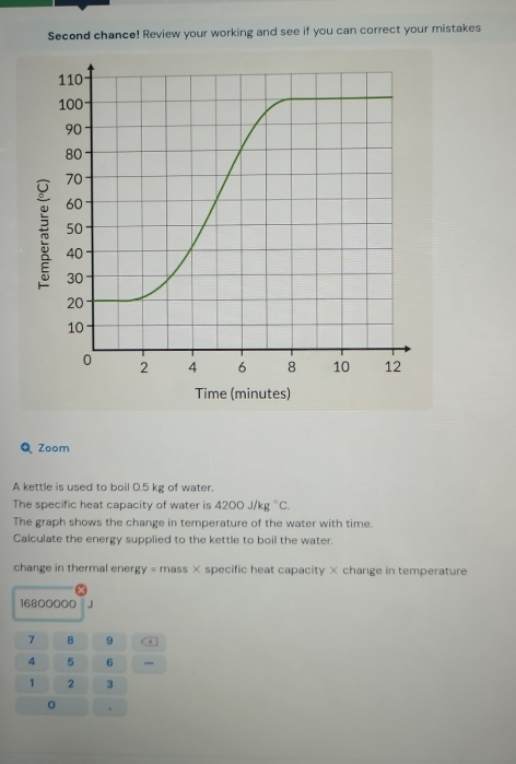 Second chance! Review your working and see if you can correct your mistakes 
Time (minutes) 
QZoom 
A kettle is used to boil 0.5 kg of water. 
The specific heat capacity of water is 4200j/kg°C. 
The graph shows the change in temperature of the water with time. 
Calculate the energy supplied to the kettle to boil the water. 
change in thermal ener gy=mass* specific heat capacity × change in temperature
16800000 J
7 8 9
4 5 6 _
1 2 3 
0 .