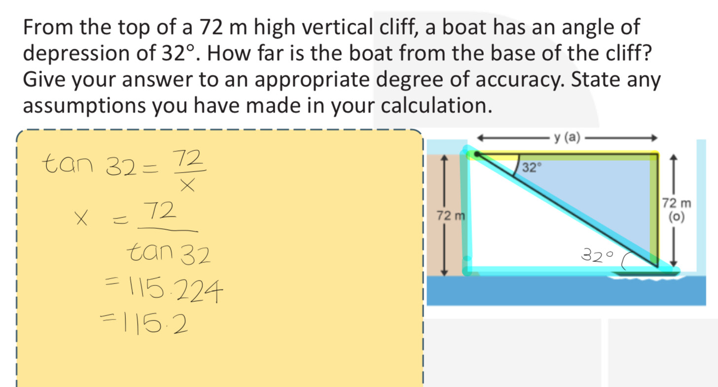 From the top of a 72 m high vertical cliff, a boat has an angle of
depression of 32°. How far is the boat from the base of the cliff?
Give your answer to an appropriate degree of accuracy. State any
assumptions you have made in your calculation.