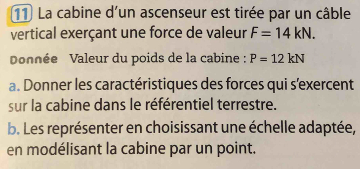 La cabine d'un ascenseur est tirée par un câble 
vertical exerçant une force de valeur F=14kN. 
Donnée Valeur du poids de la cabine : P=12kN
a. Donner les caractéristiques des forces qui s'exercent 
sur la cabine dans le référentiel terrestre. 
b. Les représenter en choisissant une échelle adaptée, 
en modélisant la cabine par un point.