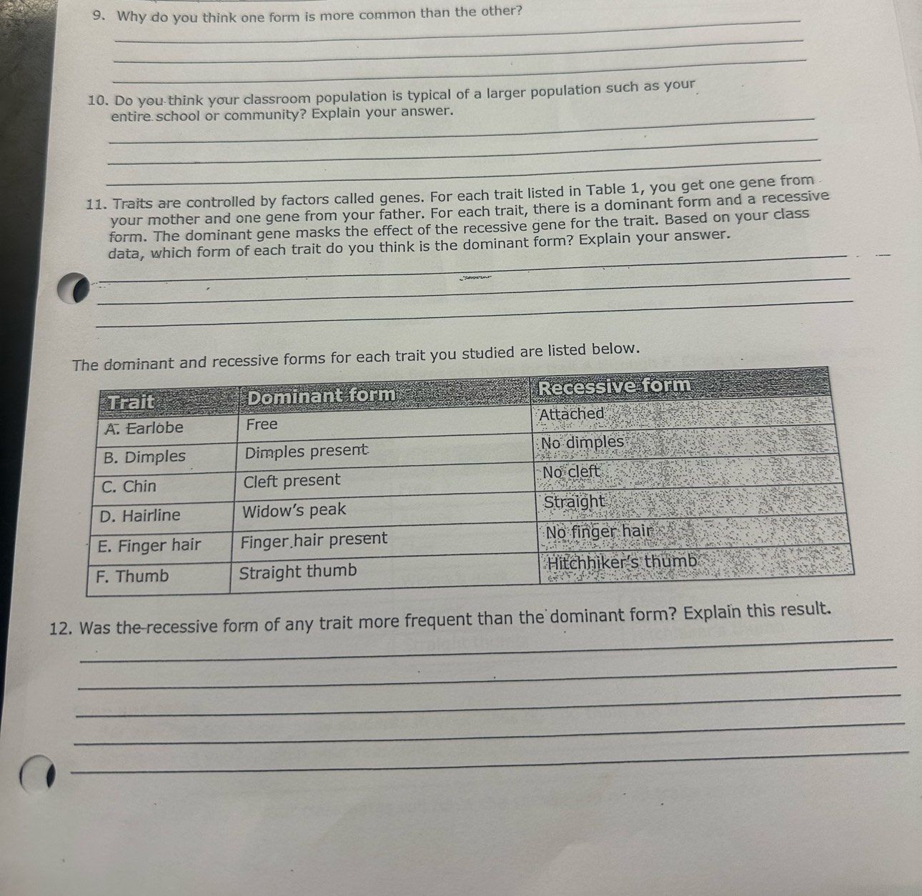 Why do you think one form is more common than the other? 
_ 
_ 
_ 
10. Do you think your classroom population is typical of a larger population such as your 
_entire school or community? Explain your answer. 
_ 
_ 
11. Traits are controlled by factors called genes. For each trait listed in Table 1, you get one gene from 
your mother and one gene from your father. For each trait, there is a dominant form and a recessive 
form. The dominant gene masks the effect of the recessive gene for the trait. Based on your class 
data, which form of each trait do you think is the dominant form? Explain your answer. 
_ 
_ 
_ 
_ 
_ 
ve forms for each trait you studied are listed below. 
_ 
12. Was the recessive form of any trait more frequent than the dominant form? Explain this result. 
_ 
_ 
_ 
_