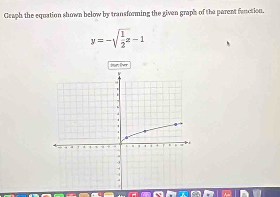 Graph the equation shown below by transforming the given graph of the parent function.
y=-sqrt(frac 1)2x-1
Start Over