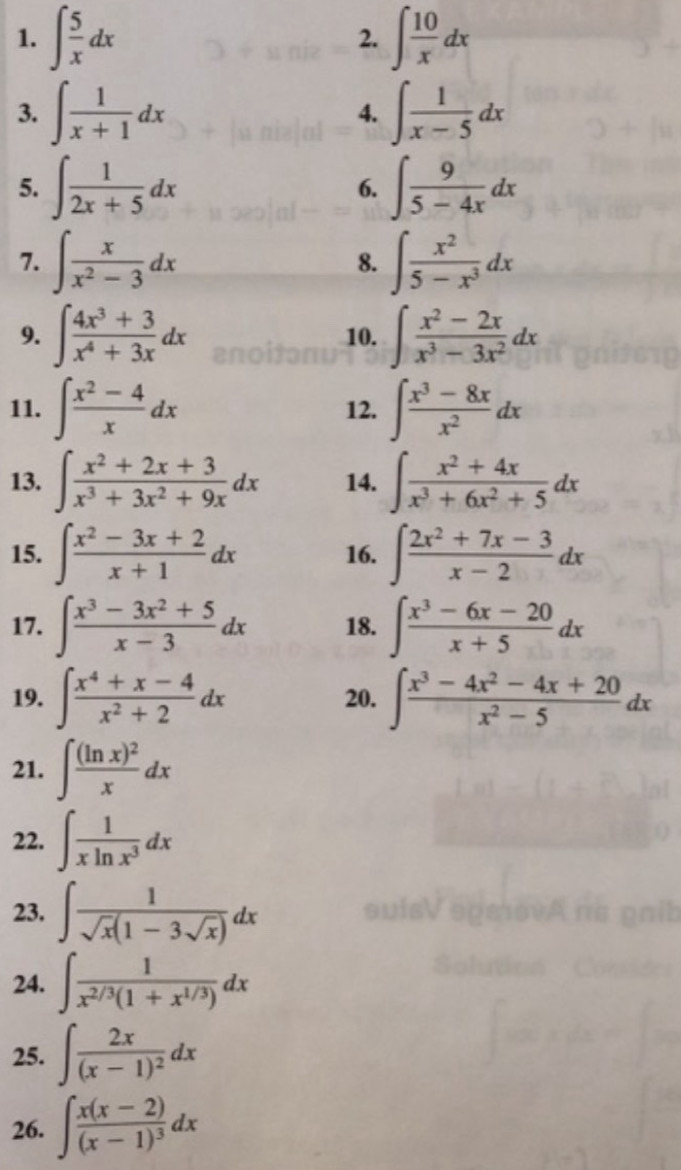 Solved: ∈t 5/x dx ∈t 10/x dx 2. 3. ∈t 1/x+1 dx 4. ∈t 1/x-5 dx 5. ∈t 1 ...