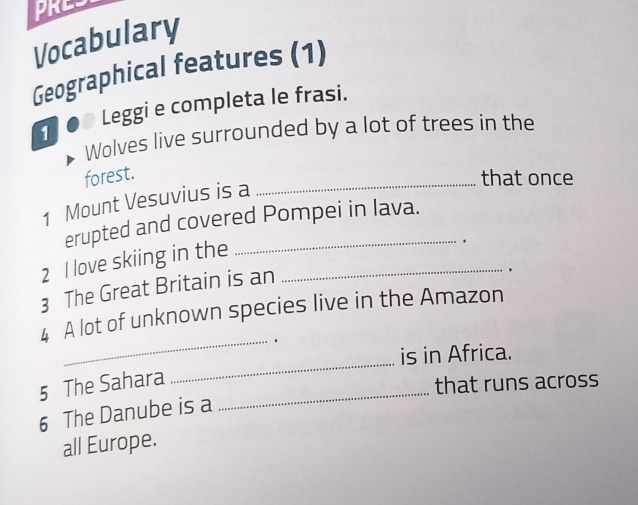 Vocabulary 
Geographical features (1) 
Leggi e completa le frasi. 
1 
Wolves live surrounded by a lot of trees in the 
_ 
forest. 
that once 
1 Mount Vesuvius is a 
erupted and covered Pompei in lava. 
2 I love skiing in the_ 
. 
3 The Great Britain is an 
4 A lot of unknown species live in the Amazon 
_ . 
is in Africa. 
5 The Sahara 
_ 
that runs across 
6 The Danube is a 
_ 
all Europe.