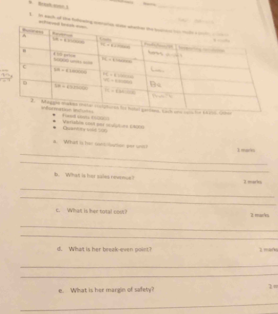 Breek;aan,1
_
 
ech
1. in each of the following
Fixed costa ε60εε
Variable cost per sculpture £4000
Quantity sold 506
_
a. What is her cont bution per unit? 2 marks
_
b. What is her sales revenue?
2 marks
_
_
c. What is her total cost? 2 marks
_
_
d. What is her break-even point? 2 marks
_
_
e. What is her margin of safety?
2 m
_