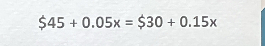 $45+0.05x=$30+0.15x