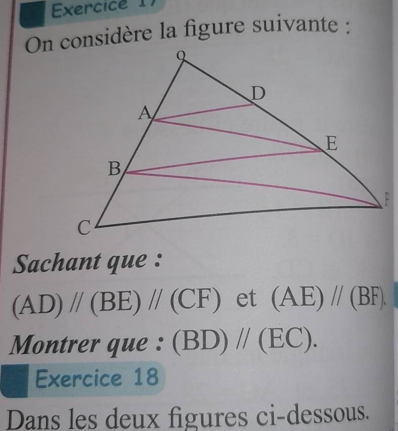 On considère la figure suivante : 
Sachant que :
(AD)//(BE)//(CF) et (AE)//(BF). 
Montrer que : (BD)//(EC). 
Exercice 18 
Dans les deux figures ci-dessous.