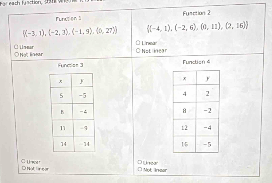 For each function, state whether
Function 1 Function 2
 (-3,1),(-2,3),(-1,9),(0,27)  (-4,1),(-2,6),(0,11),(2,16)
Linear
Linear
Not linear Not linear
Function 3 Function 4

Linear Linear
Not linear Not linear