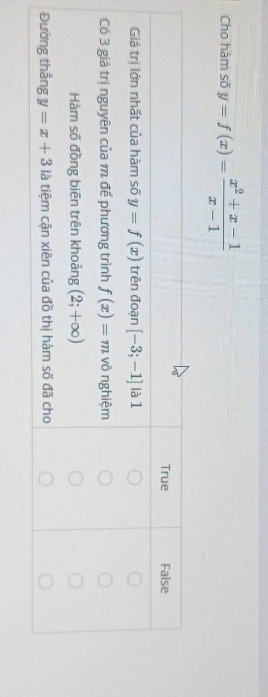 Cho hàm số y=f(x)= (x^2+x-1)/x-1 