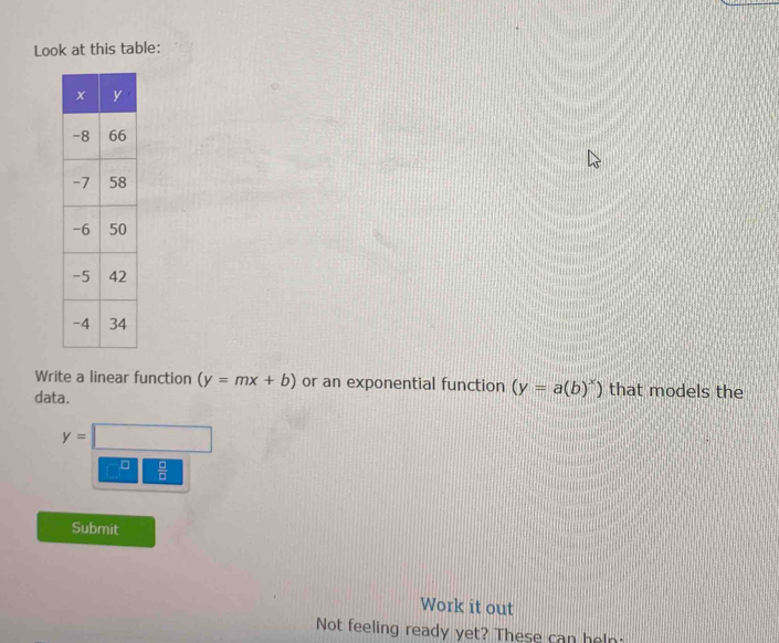 Look at this table: 
Write a linear function (y=mx+b) or an exponential function (y=a(b)^x) that models the 
data.
y=□
□°  □ /□   
Submit 
Work it out 
Not feeling ready yet? These can heln: