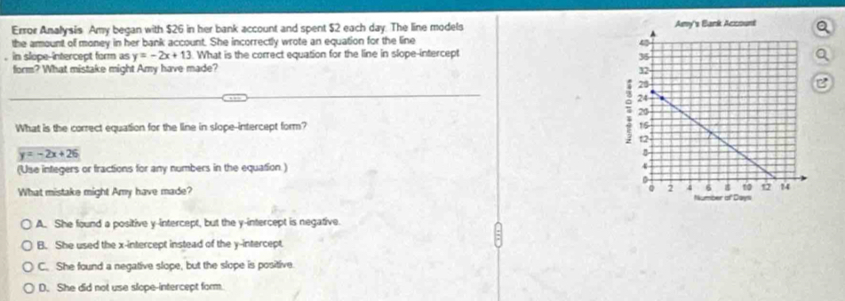 Error Analysis Amy began with $26 in her bank account and spent $2 each day. The line models 
the amount of money in her bank account. She incorrectly wrote an equation for the line
in slope-intercept form as y=-2x+13. What is the correct equation for the line in slope-intercepta
form? What mistake might Amy have made?
What is the correct equation for the line in slope-intercept form?
y=-2x+26
(Use integers or fractions for any numbers in the equation.) 
What mistake might Amy have made?
A. She found a positive y-intercept, but the y-intercept is negative.
B. She used the x-intercept instead of the y-intercept.
C. She found a negative slope, but the slope is positive.
D. She did not use slope-intercept form.