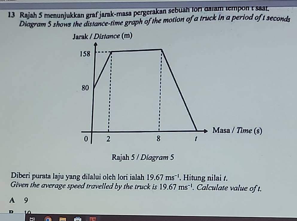 Rajah 5 menunjukkan graf jarak-masa pergerakan sebuah lor datam tempon t saat.
Diagram 5 shows the distance-time graph of the motion of a truck in a period of t seconds
Jarak / Distance (m)
Rajah 5 / Diagram 5
Diberi purata laju yang dilalui olch lori ialah 19.67ms^(-1). Hitung nilai t.
Given the average speed travelled by the truck is 19.67ms^(-1). Calculate value of t.
A 9
-