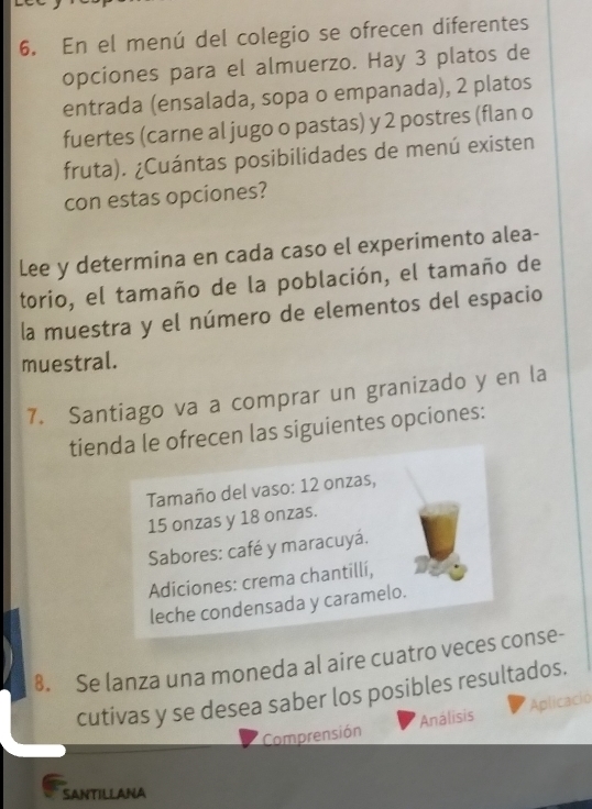 En el menú del colegio se ofrecen diferentes 
opciones para el almuerzo. Hay 3 platos de 
entrada (ensalada, sopa o empanada), 2 platos 
fuertes (carne al jugo o pastas) y 2 postres (flan o 
fruta). ¿Cuántas posibilidades de menú existen 
con estas opciones? 
Lee y determina en cada caso el experimento alea- 
torio, el tamaño de la población, el tamaño de 
la muestra y el número de elementos del espacio 
muestral. 
7. Santiago va a comprar un granizado y en la 
tienda le ofrecen las siguientes opciones: 
Tamaño del vaso: 12 onzas,
15 onzas y 18 onzas. 
Sabores: café y maracuyá. 
Adiciones: crema chantillí, 
leche condensada y caramelo. 
8. Se lanza una moneda al aire cuatro veces conse- 
cutivas y se desea saber los posibles resultados. 
Comprensión * Análisis Aplicació 
SANTILLANA