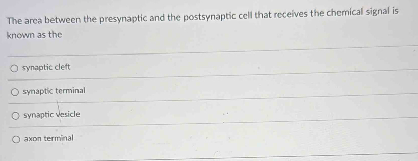 The area between the presynaptic and the postsynaptic cell that receives the chemical signal is
known as the
synaptic cleft
synaptic terminal
synaptic vesicle
axon terminal