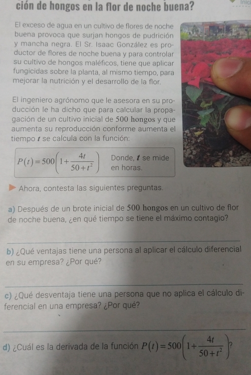 ción de hongos en la flor de noche buena? Inic 
El exceso de agua en un cultivo de flores de noche 
buena provoca que surjan hongos de pudrición 
y mancha negra. El Sr. Isaac González es pro- 
ductor de flores de noche buena y para controlar 
su cultivo de hongos maléficos, tiene que aplicar 
fungicidas sobre la planta, al mismo tiempo, para 
mejorar la nutrición y el desarrollo de la flor. 
El ingeniero agrónomo que le asesora en su pro- 
ducción le ha dicho que para calcular la propa- 
gación de un cultivo inicial de 500 hongos y que 
aumenta su reproducción conforme aumenta el 
tiempo se calcula con la función: 
Donde, se mide
P(t)=500(1+ 4t/50+t^2 ) en horas. 
Ahora, contesta las siguientes preguntas. 
a) Después de un brote inicial de 500 hongos en un cultivo de flor 
de noche buena, ¿en qué tiempo se tiene el máximo contagio? 
_ 
b) ¿Qué ventajas tiene una persona al aplicar el cálculo diferencial 
en su empresa? ¿Por qué? 
_ 
c) ¿Qué desventaja tiene una persona que no aplica el cálculo di- 
ferencial en una empresa? ¿Por qué? 
_ 
d) ¿Cuál es la derivada de la función P(t)=500(1+ 4t/50+t^2 )