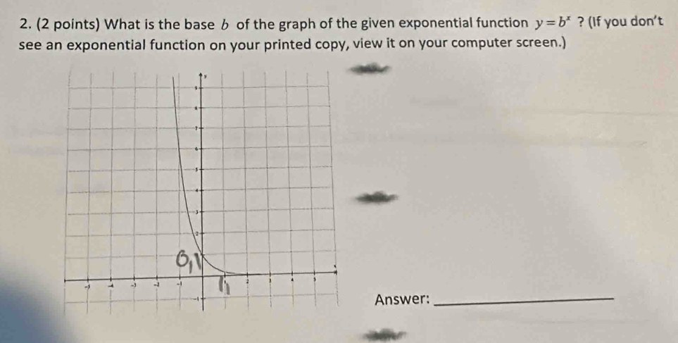 What is the base 6 of the graph of the given exponential function y=b^x ? (If you don’t 
see an exponential function on your printed copy, view it on your computer screen.) 
_ 
Answer: