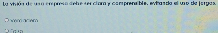 La visión de una empresa debe ser clara y comprensible, evitando el uso de jergas.
Verdadero
Falso